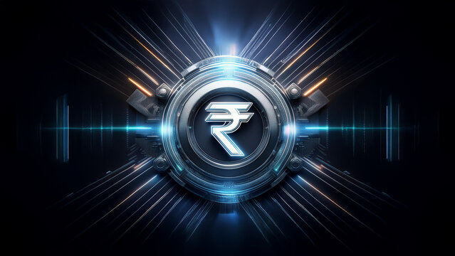 3-d Indian rupee symbol (INR) in neon vibrant colors like blue, red, green, yellow, silver etc. Showing futuristic Indian technology; Digital rupee