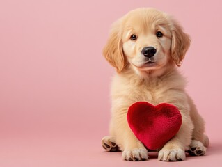 Adorable fluffy golden retriever puppy with heart pillow on pink background for cute pet designs