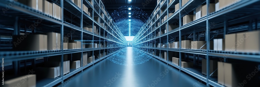 Poster smart logistics warehouse uses tech for global inventory management. holographic data control system