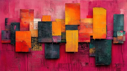 Abstract artwork featuring vibrant colors and geometric shapes on a pink background.