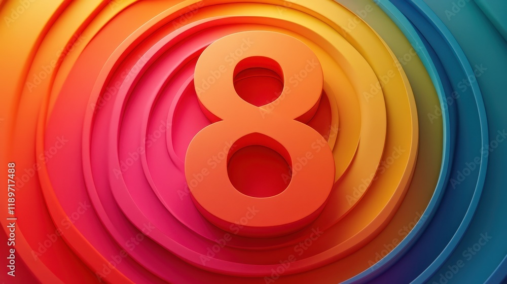 Poster colorful 3d number eight on layered rainbow background for vibrant design concepts