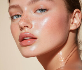 Obraz premium Close-up portrait of woman with dewy skin, natural makeup. Face radiant, beautiful. Light makeup. Skin appears healthy, smooth. Image natural beauty, natural light setting.