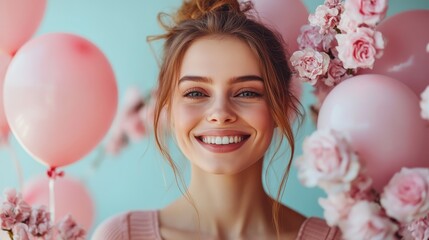 Smiling young female amidst pink balloons and flowers