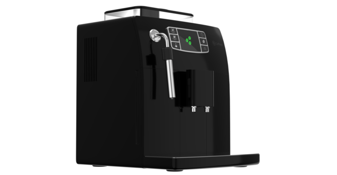 cross view black digital coffe machine isolated on white background