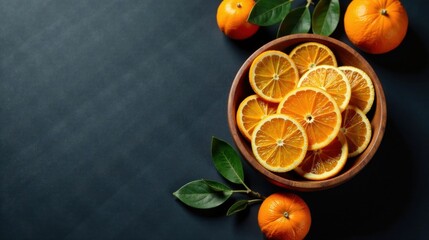 Aromatic citrus fruit slices in a wooden bowl with vibrant leaves on a dark background