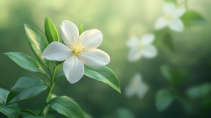 Fototapeta premium Serene bloom: white jasmine flower with lush green leaves in soft focus background