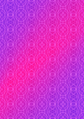 Hand-drawn abstract vertical ornament. Neon gradient (plastic pink to proton purple) background and glowing pattern on it. Cloth texture. Digital artwork, A4. (pattern: p10-2f)