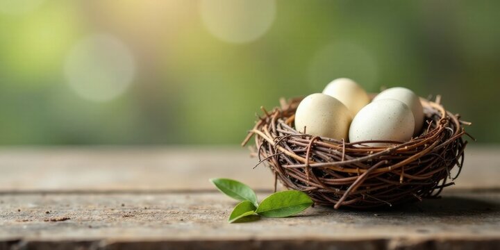 A delicate bird's nest cradles speckled eggs, resting gently on a rustic wooden surface against a soft-focus natural backdrop