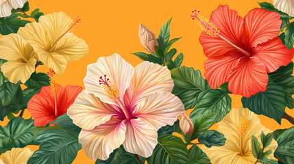 Colorful hibiscus flowers with green leaves on orange background. Seapearl. Illustration