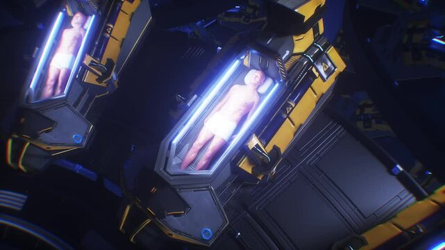 futuristic laboratory with cryocapsules with sleeping peoples. Cryo sleep future concept. Realistic 4k animation.