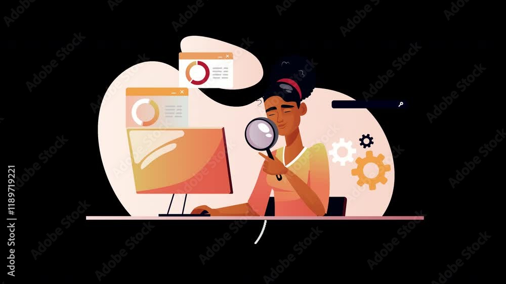 Poster african woman working on a computer, analyzing data with a magnifying glass in a flat design style.