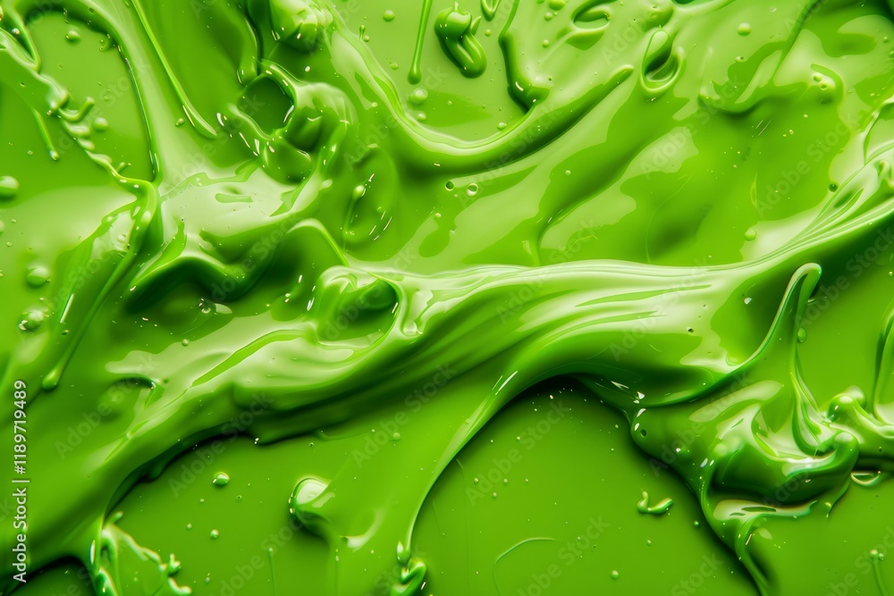 Poster thick, glossy green paint flows, forming an abstract pattern, creating a vibrant and textured visual