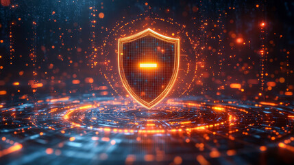 A futuristic safety shield icon hovering above a glowing circular grid
