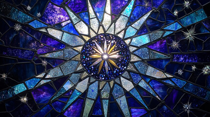 Abstract stained glass star with blue and purple tones