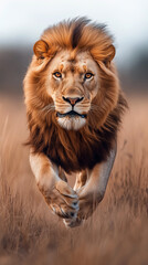 Fototapeta premium Lion running, full body. Ssavanna landscape dynamic.