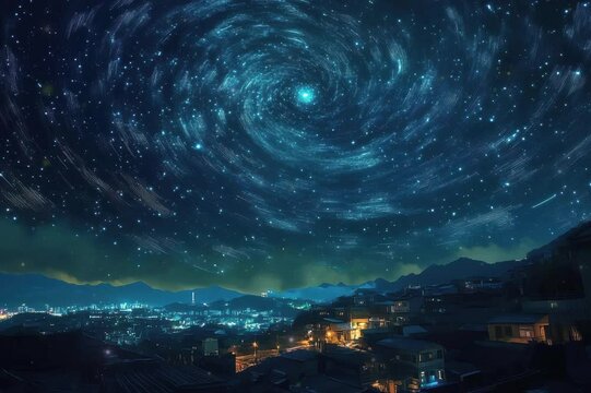 A futuristic city glows brightly under a starry sky, its neon colors illuminating the horizon. The vibrant scene represents technology, progress, and humanity��s creative future.