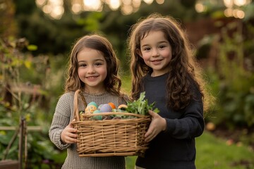 Siblings holding Easter baskets in a garden, soft natural light, colorful egg decorations