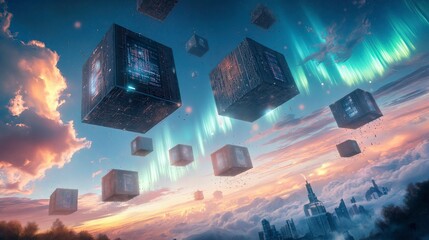Floating digital cubes illuminate the skyline futuristic city digital art twilight aerial view technology concept