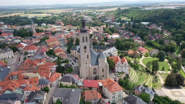 St James, the oldest church in Kutna Hora. The aerial footage beautifully captures the church's intricate details