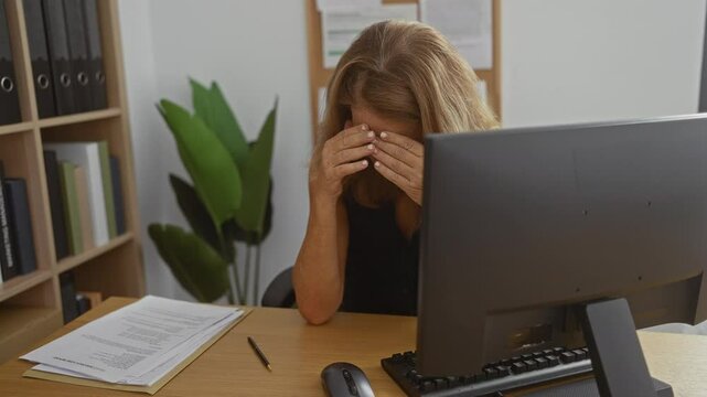 Woman stressed working in office interior with blonde hair, glasses, papers, computer, desk, plant, bookshelf, mouse, and pen indicating a busy work environment.