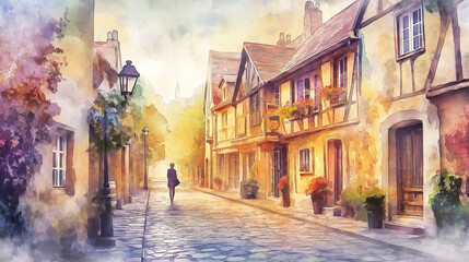 Fototapeta premium Watercolor painting of a European street at sunrise