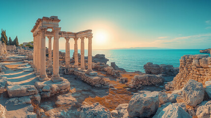 Fototapeta premium Photo location in jews era, ancient buildings and pillars at the seaside, historical document, ruins, ancient world, wide shot, panorama.