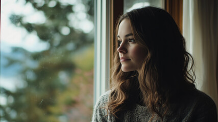 Portrait of a woman gazing thoughtfully out a window