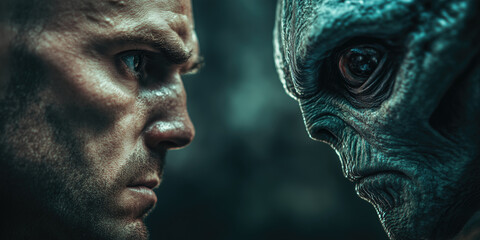 Human face-off with alien in dramatic close-up portrait