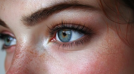 Obraz premium Close-up of young female's freckled face with blue eyes and natural makeup