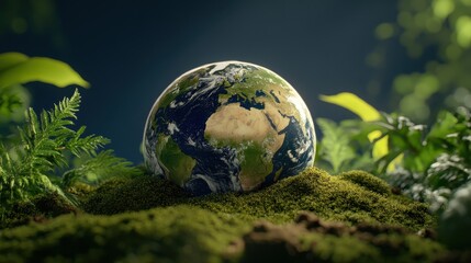 A Vibrant Earth Surrounded by Lush Greenery and Ferns, Showcasing the Beauty of Nature and the Importance of Environmental Conservation