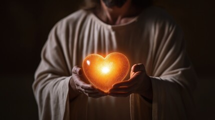 Jesus holds luminous heart symbolizing divine love and compassion. Radiant light emanates from heart. Spiritual image of hope and faith. Man holds symbol of divine light.
