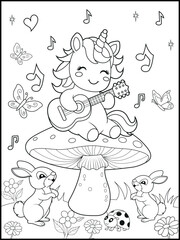 Printable Unicorn coloring page for kids. a cute unicorn playing guitar. Adorable unicorn cartoon characters for children's activity books.
