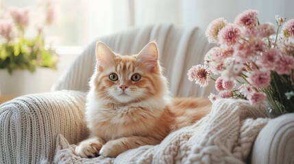 Fluffy orange cat relaxing on cozy chair with pink flowers in soft sunlight