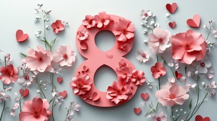 Elegant floral number eight with pink flowers and hearts on light background