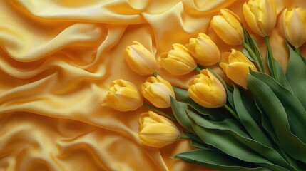 Vibrant yellow tulips on luxurious golden fabric background