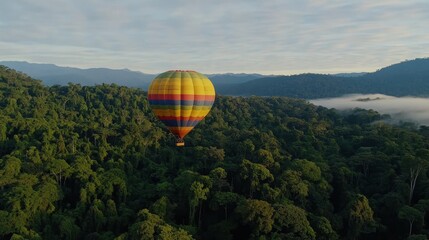 Fototapeta premium Colorful Hot Air Balloon Soaring Over Lush Green Jungle Landscape with Misty Mountains and Cloudy Sky in Early Morning Light