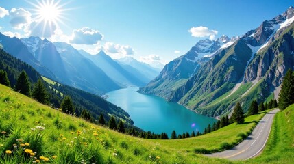 Fototapeta premium Serene Mountain Lake and Winding Road Landscape Featuring Lush Green Meadows, Sunlit Peaks, and a Picturesque Vista