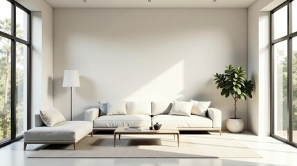 Serene Minimalist Living Room Design Featuring a Light Beige Sofa and Chaise Lounge, Accented by Natural Light and Greenery
