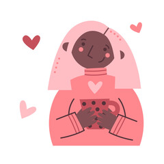 Black woman holds mug with drink. Self love and acceptance concept. Mental health and inner peace vector flat illusrtation set. Harmony and embracing identity. Good enough culture.