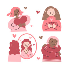 Women love themselves. Self acceptance and care affirmation. Mental health and inner peace, harmony, freedom and embracing identity concept. Vector flat illustration set.