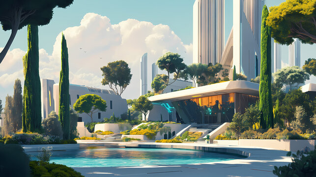 Futuristic cityscape blending modern architecture with lush greenery and nature, integrating urban and environment in a harmonious landscape. Skyspark. Illustration