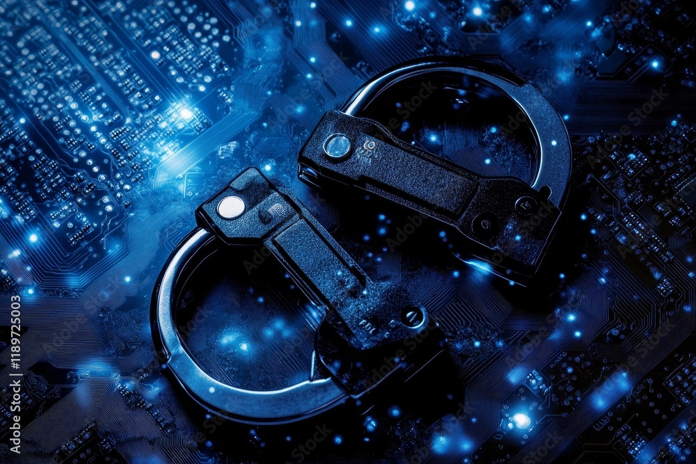 Poster cyber security concept visualized through a pixelated handcuffs icon on a digital background, symbol