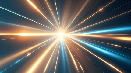 Obraz premium Vibrant light rays emanating from a central point, creating a dynamic abstract effect with orange and blue streaks on a dark background.