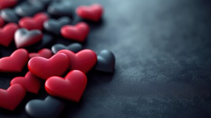 Red and black hearts on dark background with soft focus