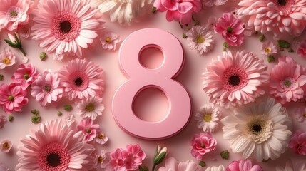 Pink and white floral arrangement with numeral eight on soft background
