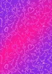 Hand-drawn abstract vertical ornament. Neon gradient (plastic pink to proton purple) background and glowing pattern on it. Cloth texture. Digital artwork, A4. (pattern: pv01d)