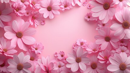 Pink cosmos flowers forming a vibrant floral frame on pastel background