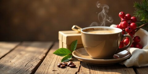 Fototapeta premium Aromatic Coffee in a Warm Mug with Festive Accents on Rustic Wood