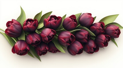 Elegant arrangement of red tulips with lush green leaves on white background