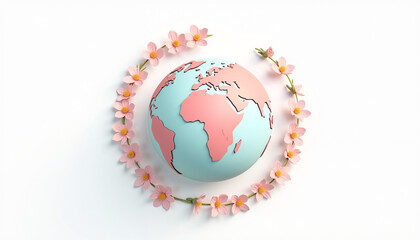Globe surrounded by pink flowers on white background